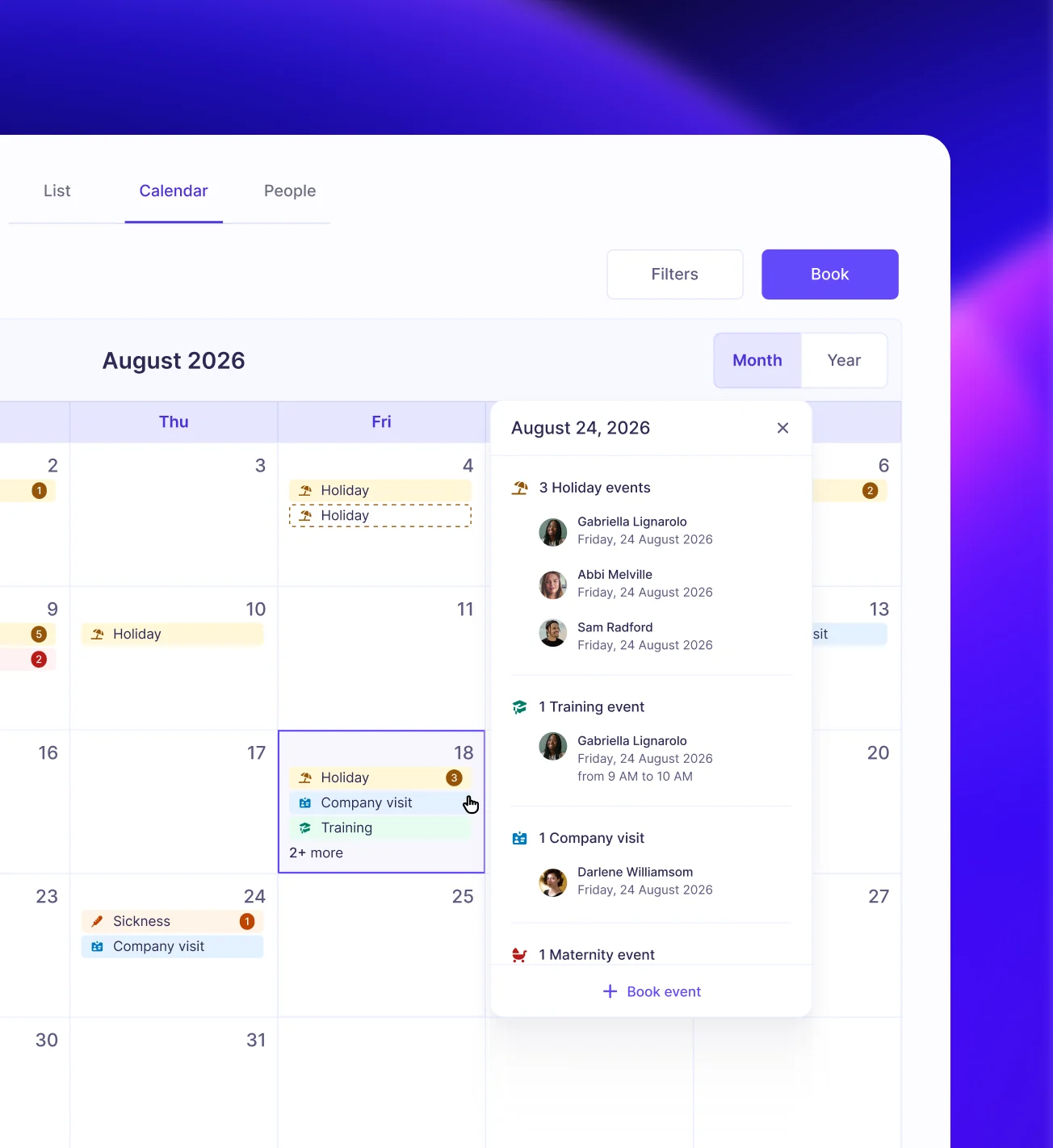 Sense HR calendar — holidays, sickness and company events at a glance