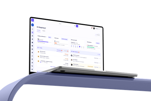 Sense HR dashboard on a laptop, showing holiday, sickness and attendance at a glance